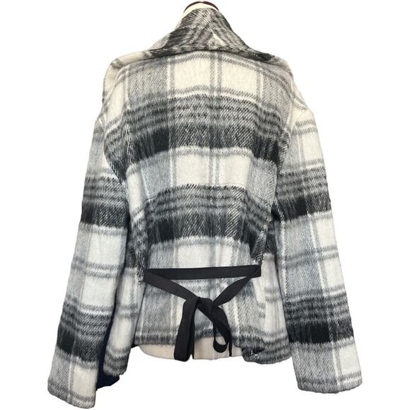 NWT BB Dakota Wool Blend Black White Grey Plaid Wrap Belted Jacket Sz M - Picture 6 of 12